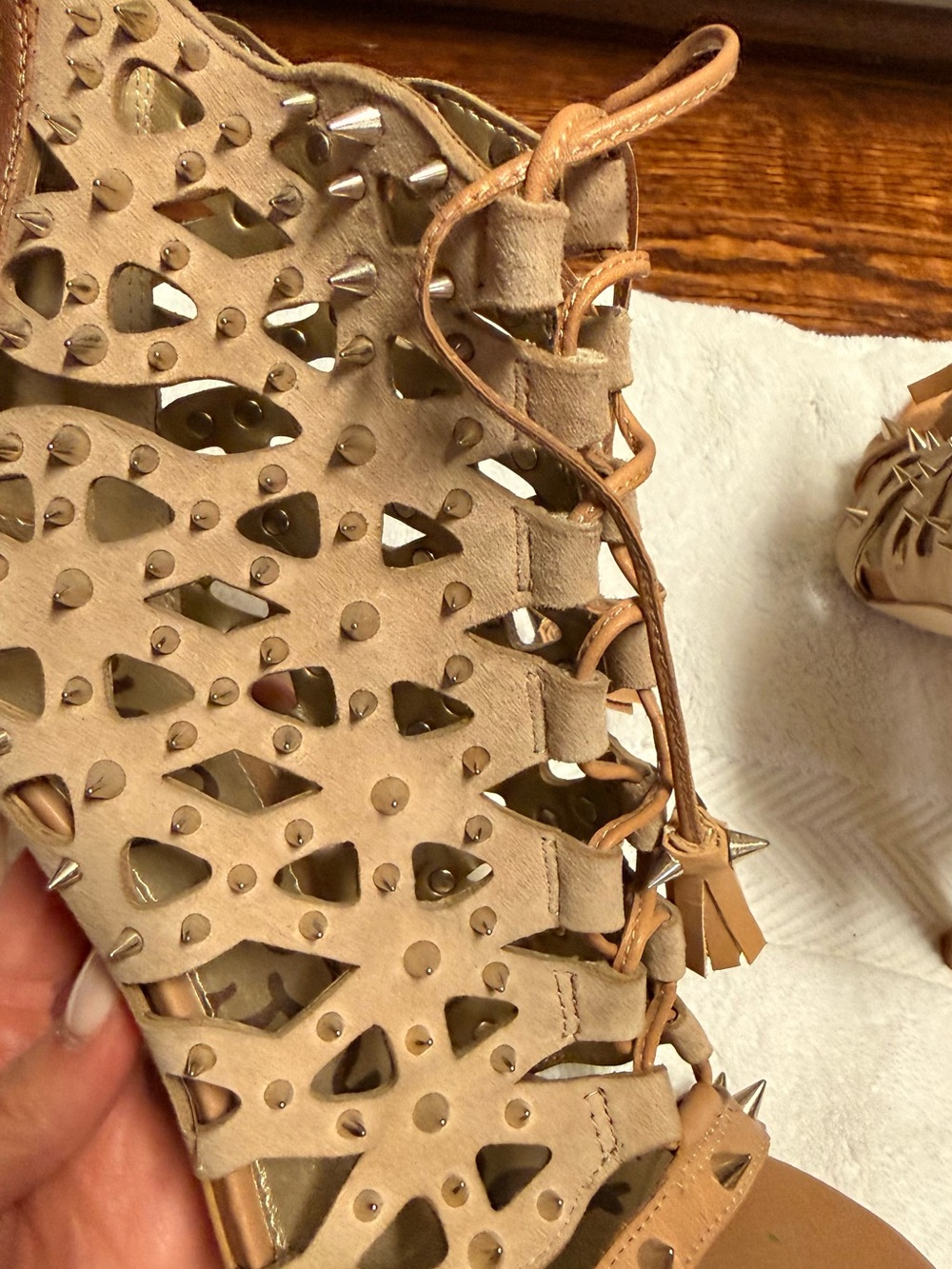 Sam Edelman Tan Studded Lace-Up Open-Toe Heels - Picture 7 of 8